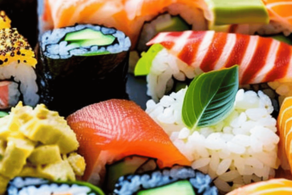 A colorful array of sushi rolls, such as California rolls, tuna rolls, and salmon rolls