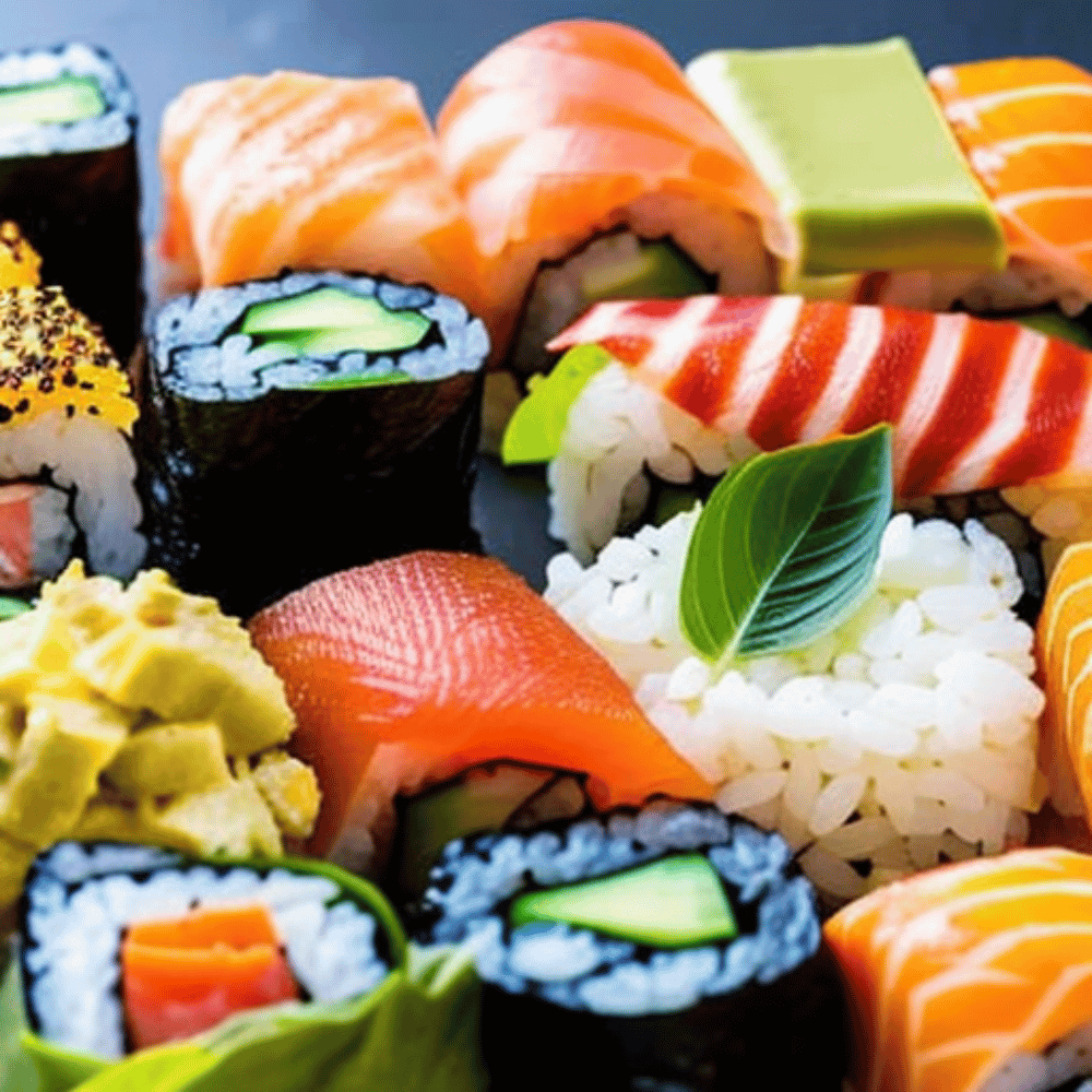 A colorful array of sushi rolls, such as California rolls, tuna rolls, and salmon rolls