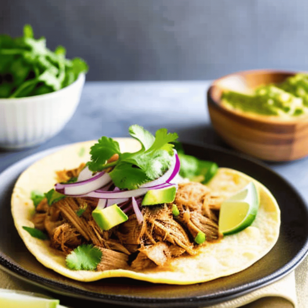A close-up photo of a traditional Mexican carnitas taco, filled with slow-cooked pork, cilantro, and diced onions