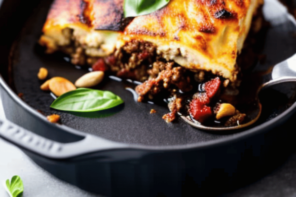 A close-up shot of a serving of moussaka with a spoon scooping up a bite of the dish