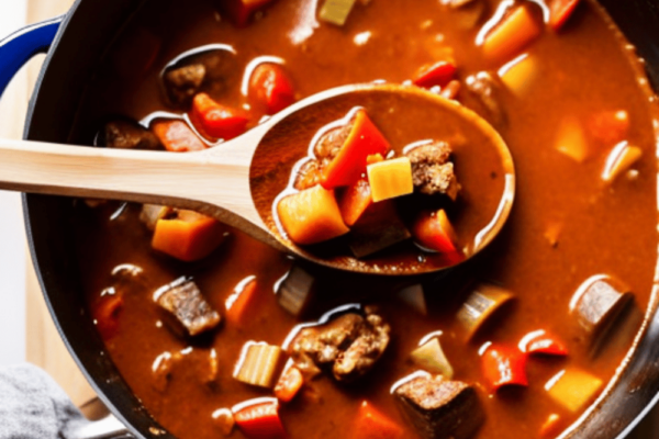 A steaming pot of Hungarian Goulash with a wooden spoon resting against the side