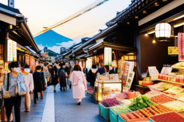 A picture of a vibrant street market in Kyoto filled with fresh produce, souvenirs, and local specialties