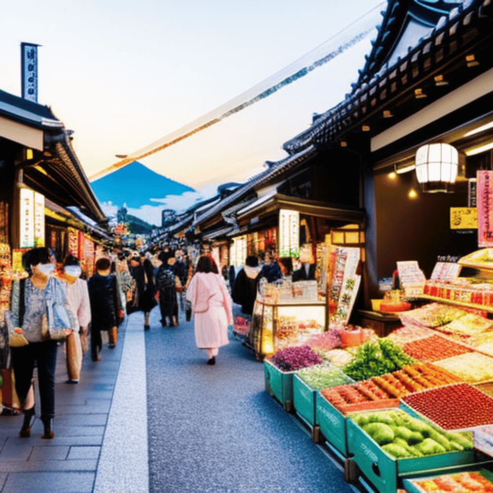 A picture of a vibrant street market in Kyoto filled with fresh produce, souvenirs, and local specialties