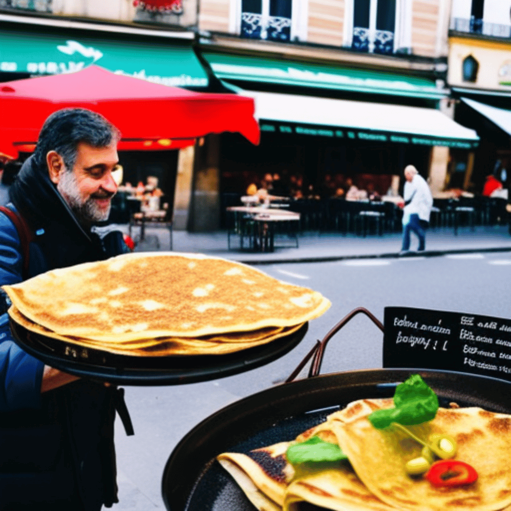 A photo of a local Parisian street vendor selling crepes and other traditional French dishes