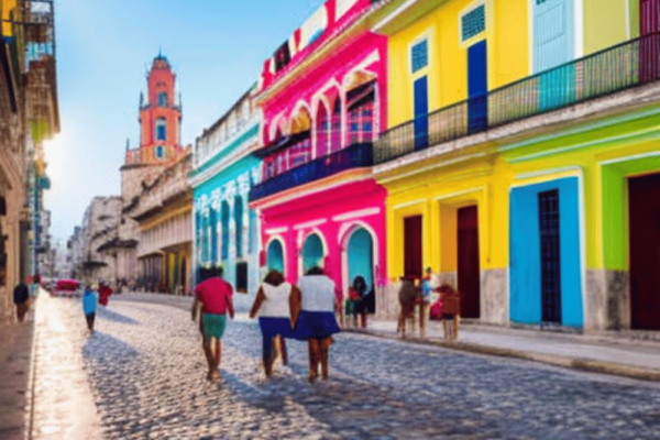 Image of locals walking along the cobblestone streets of Old Havana, with colorful colonial-style buildings in the background