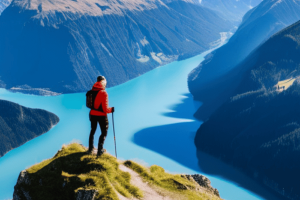 A photo of a hiker standing atop a mountain peak, looking out over a breathtaking view of the Swiss Alps