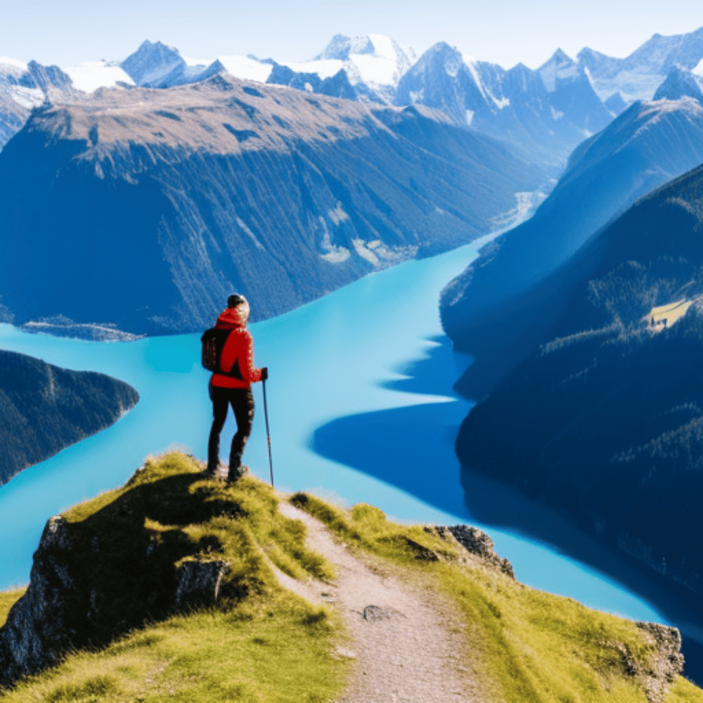 A photo of a hiker standing atop a mountain peak, looking out over a breathtaking view of the Swiss Alps