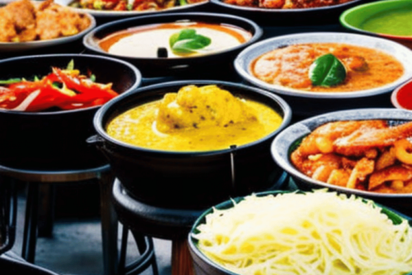 A photo of a colorful Thai food cart, piled high with fragrant dishes