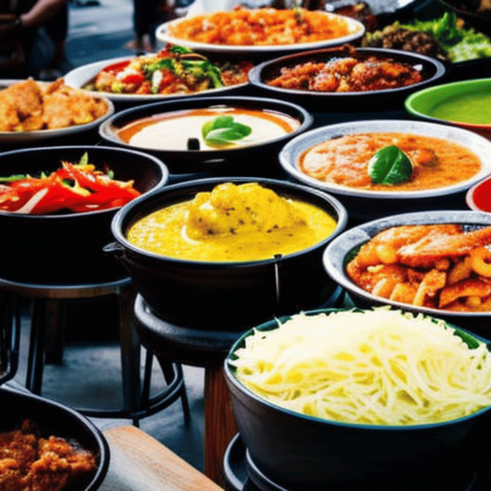 A photo of a colorful Thai food cart, piled high with fragrant dishes