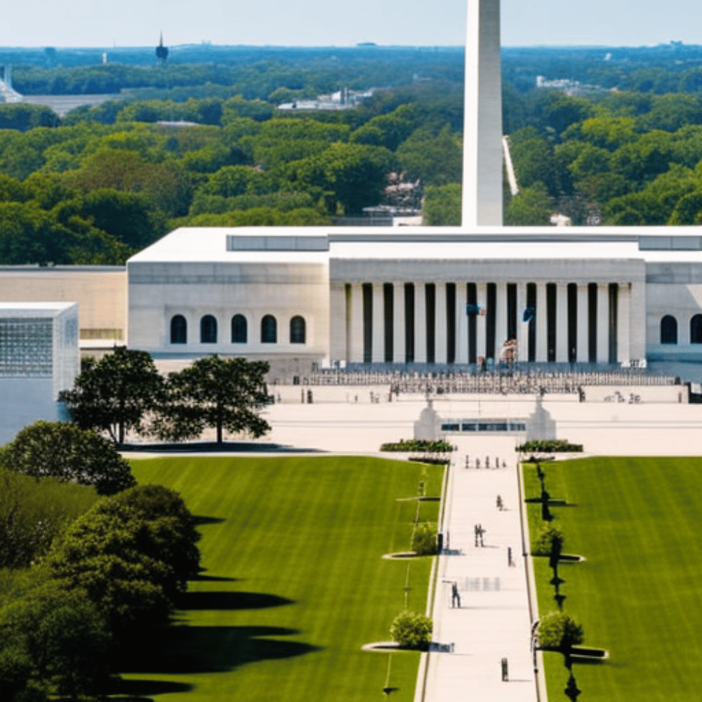 An exterior shot of the Smithsonian National Museum of American History with the Washington Monument in the background