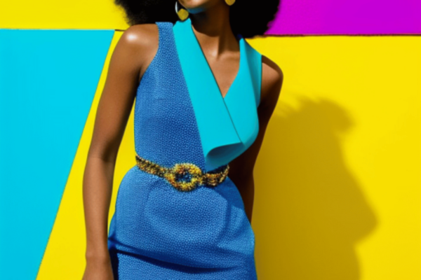 A photo of a model wearing a bright and vibrant outfit, standing in a colorful location