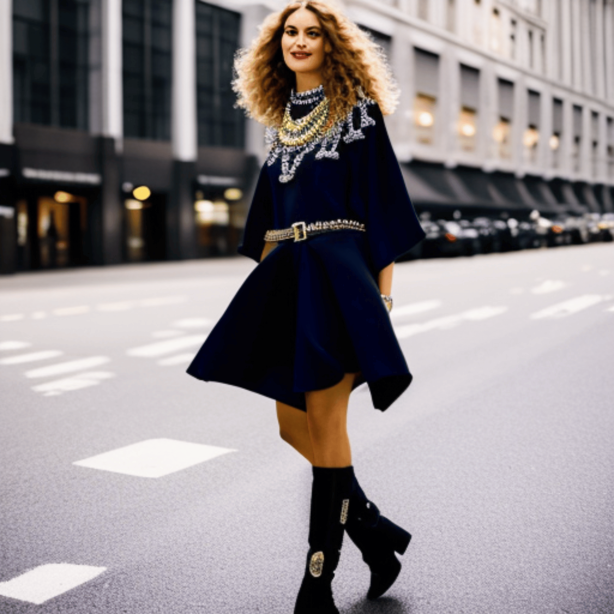 A woman wearing an oversized dress with a statement belt, paired with ankle boots and a statement necklace