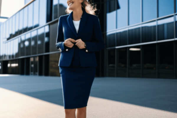A woman in a tailored navy business suit standing in front of a modern office building