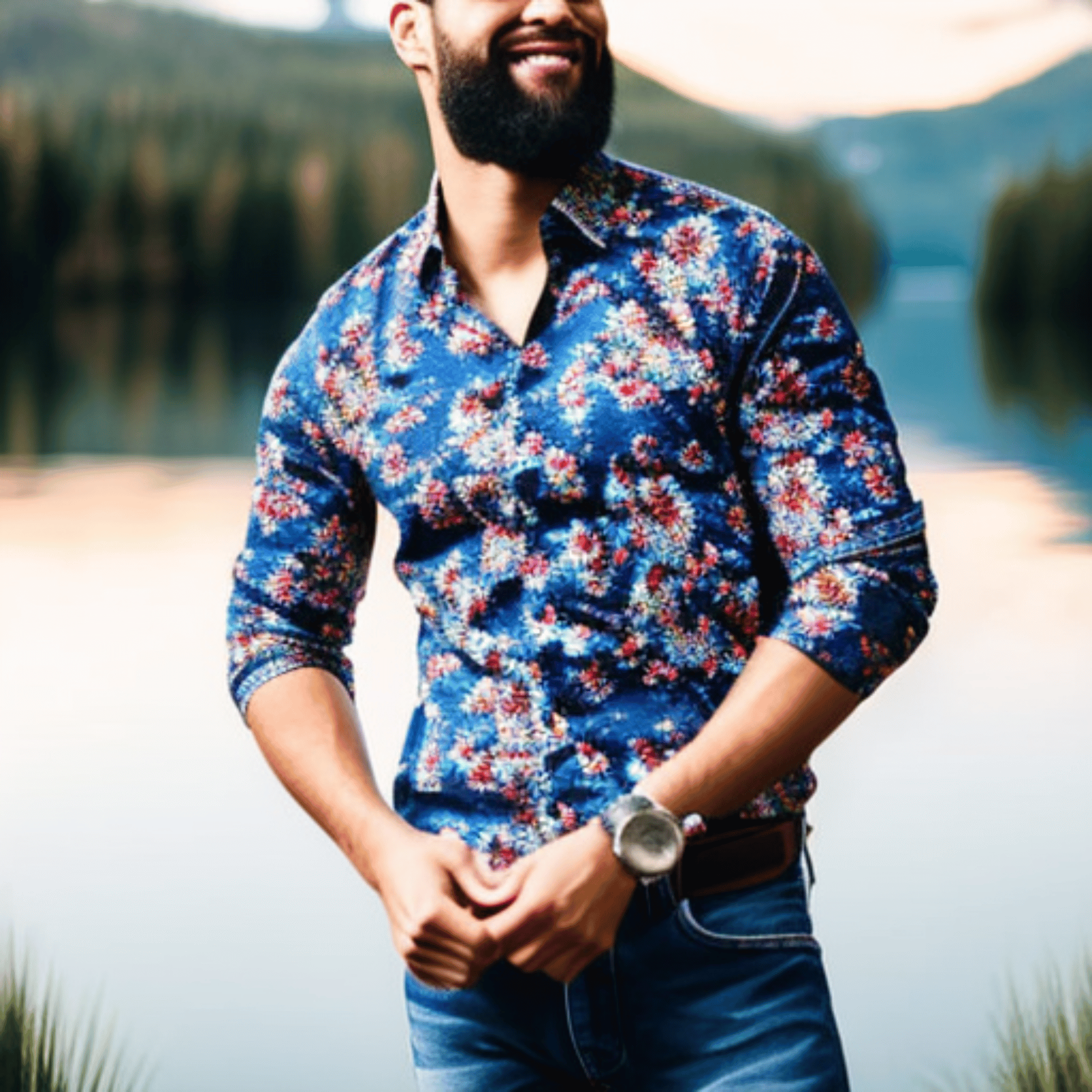 A man wearing a floral print shirt and jeans