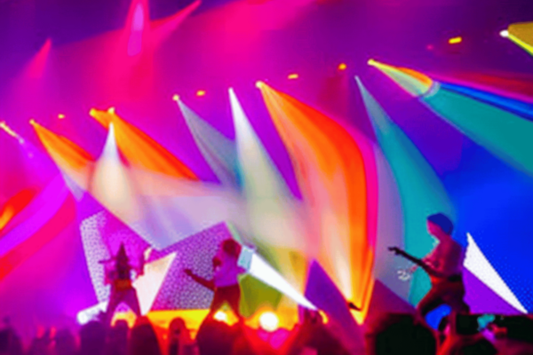 a K-Pop group performing on stage, with colorful lighting and the audience in the background