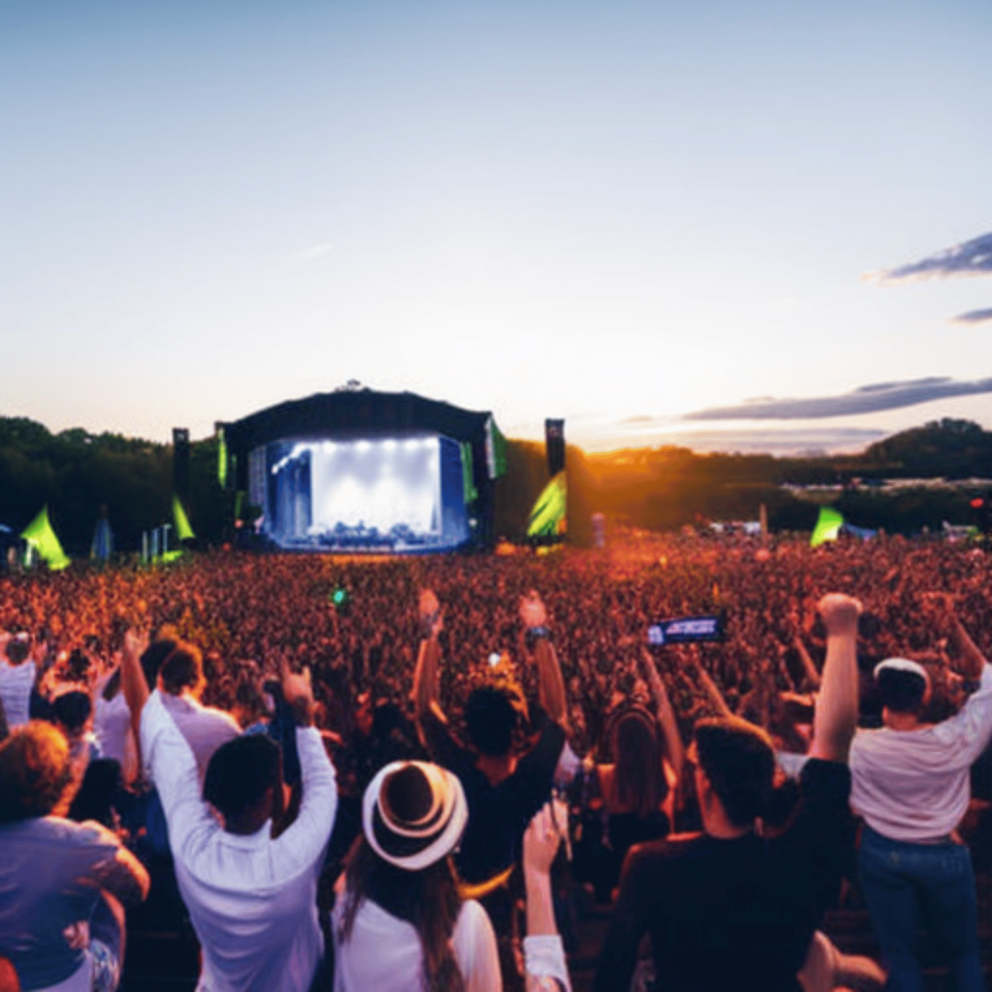 A crowd of people with their hands in the air, cheering and celebrating at a live music festival
