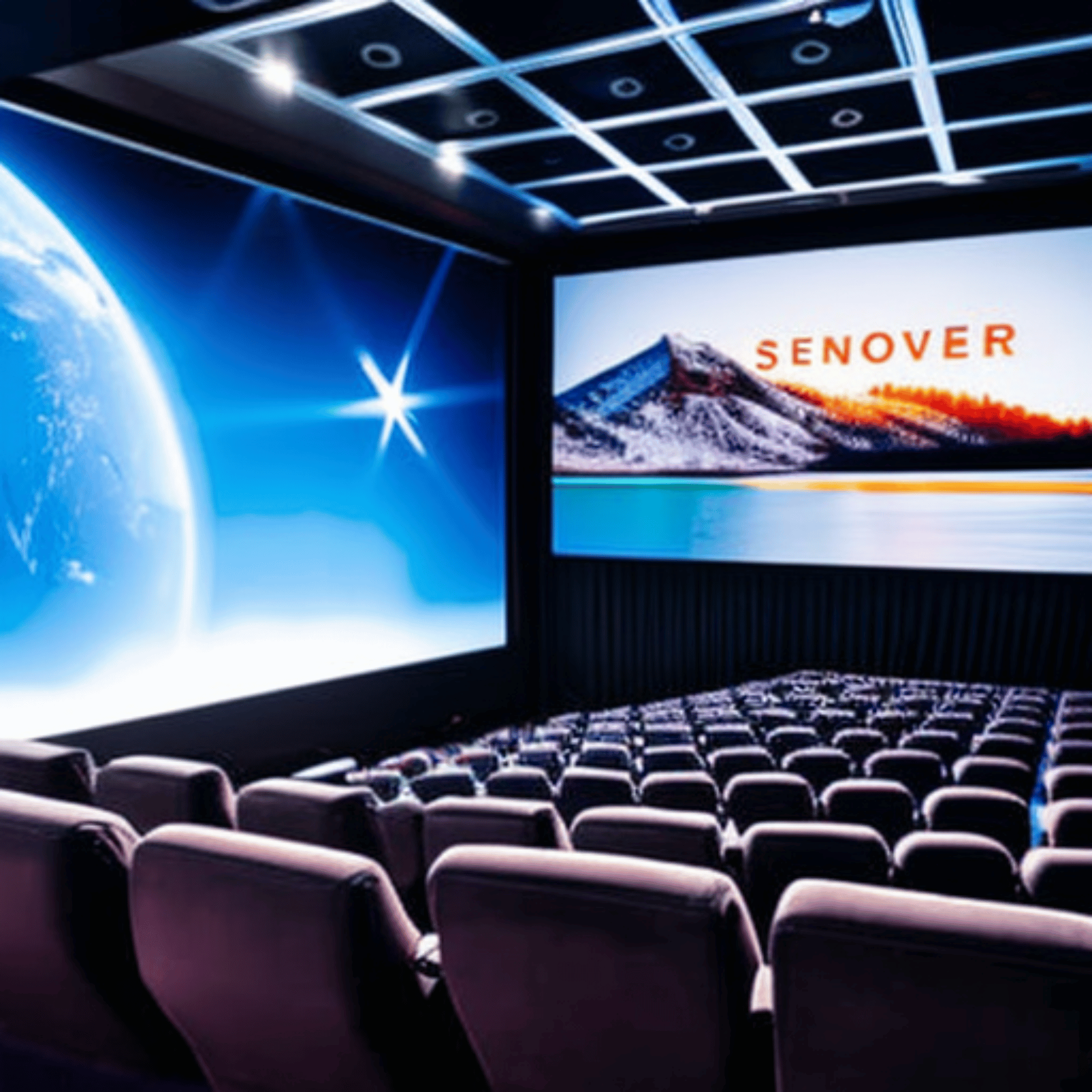 A movie theater screen showing a digital movie with futuristic visuals