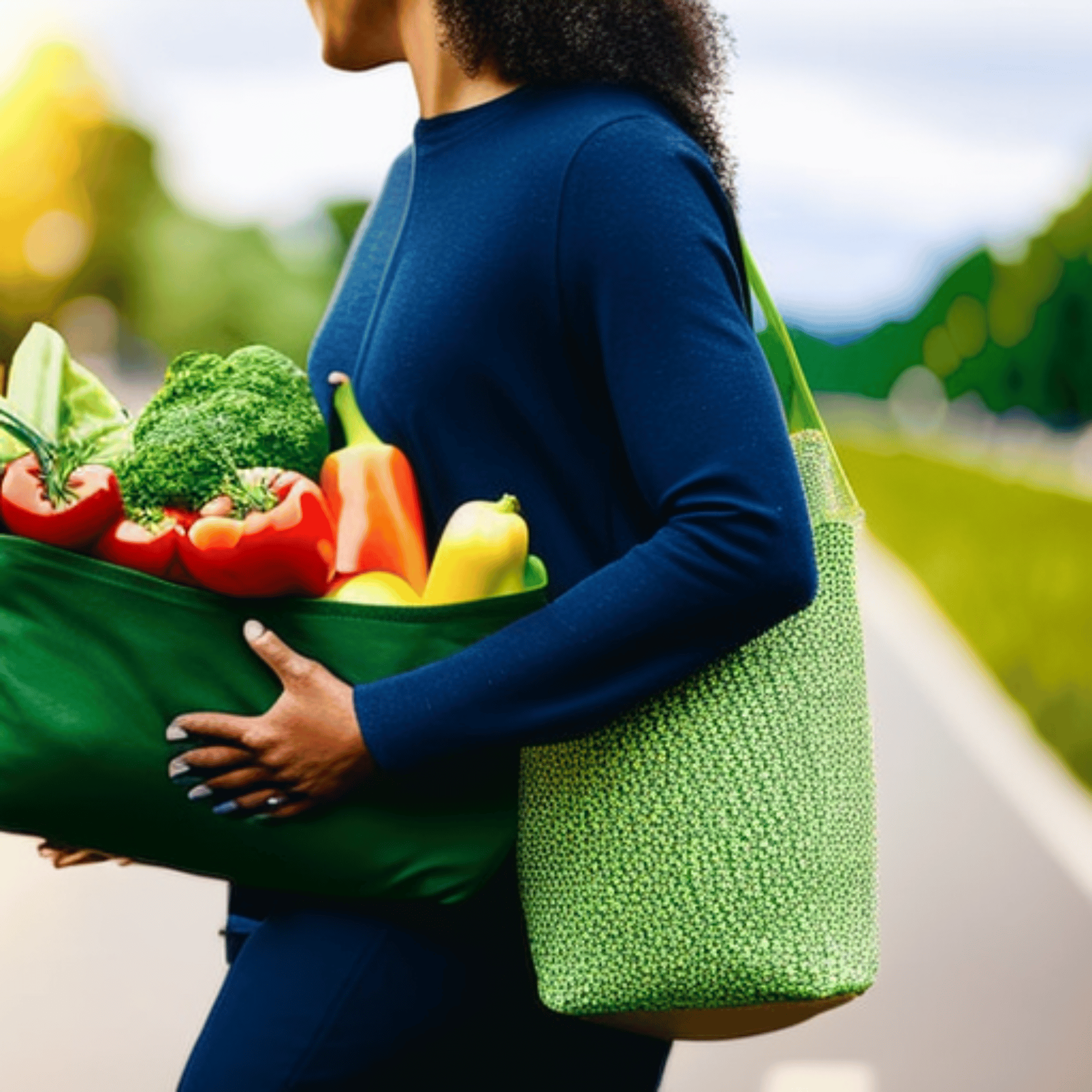 A picture of a person carrying a reusable grocery bag full of fresh produce