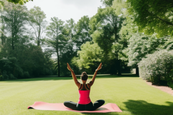 A person doing a yoga pose in a park surrounded by trees and greenery
