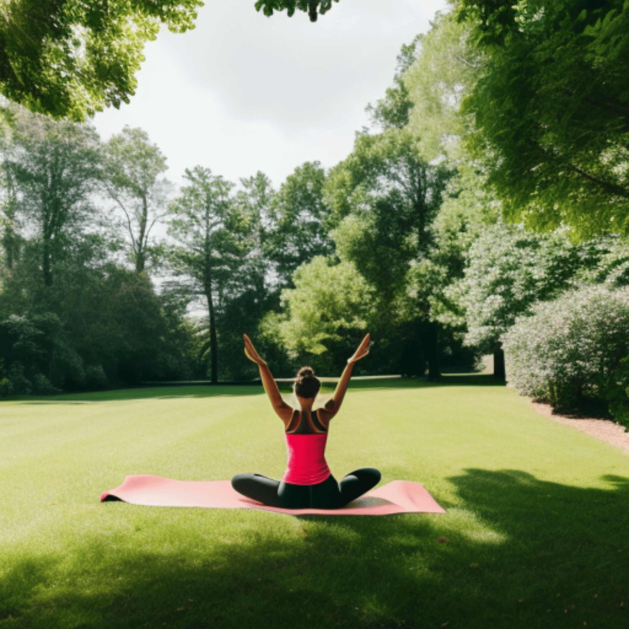 A person doing a yoga pose in a park surrounded by trees and greenery