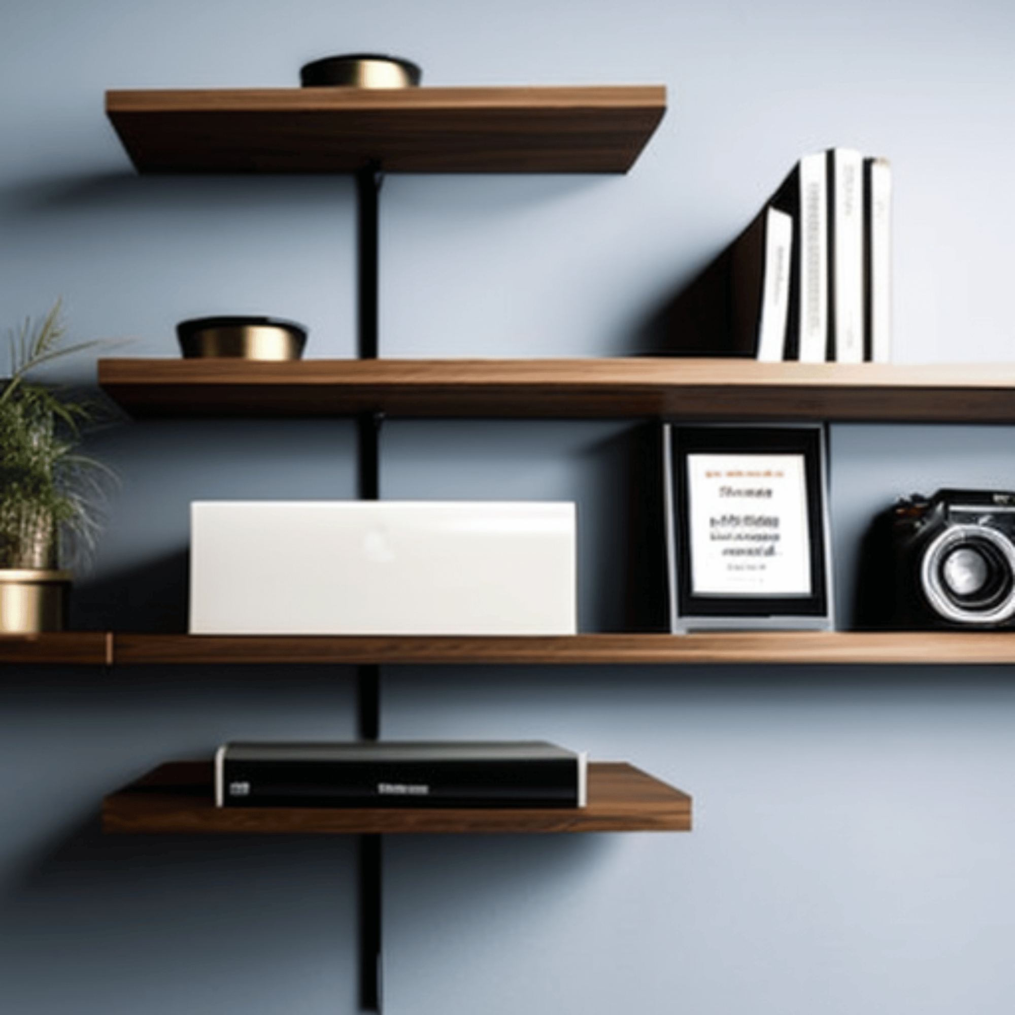 A close-up photo of a wall-mounted shelf system with various items neatly organized