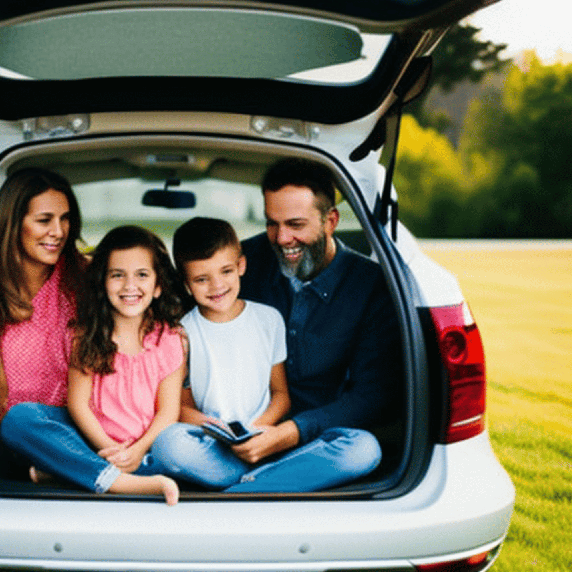A family of four packing a car for a road trip.
