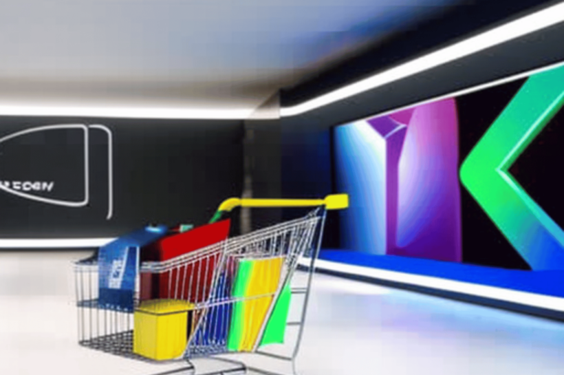 A high-tech shopping cart with a holographic interface and voice-recognition capabilities