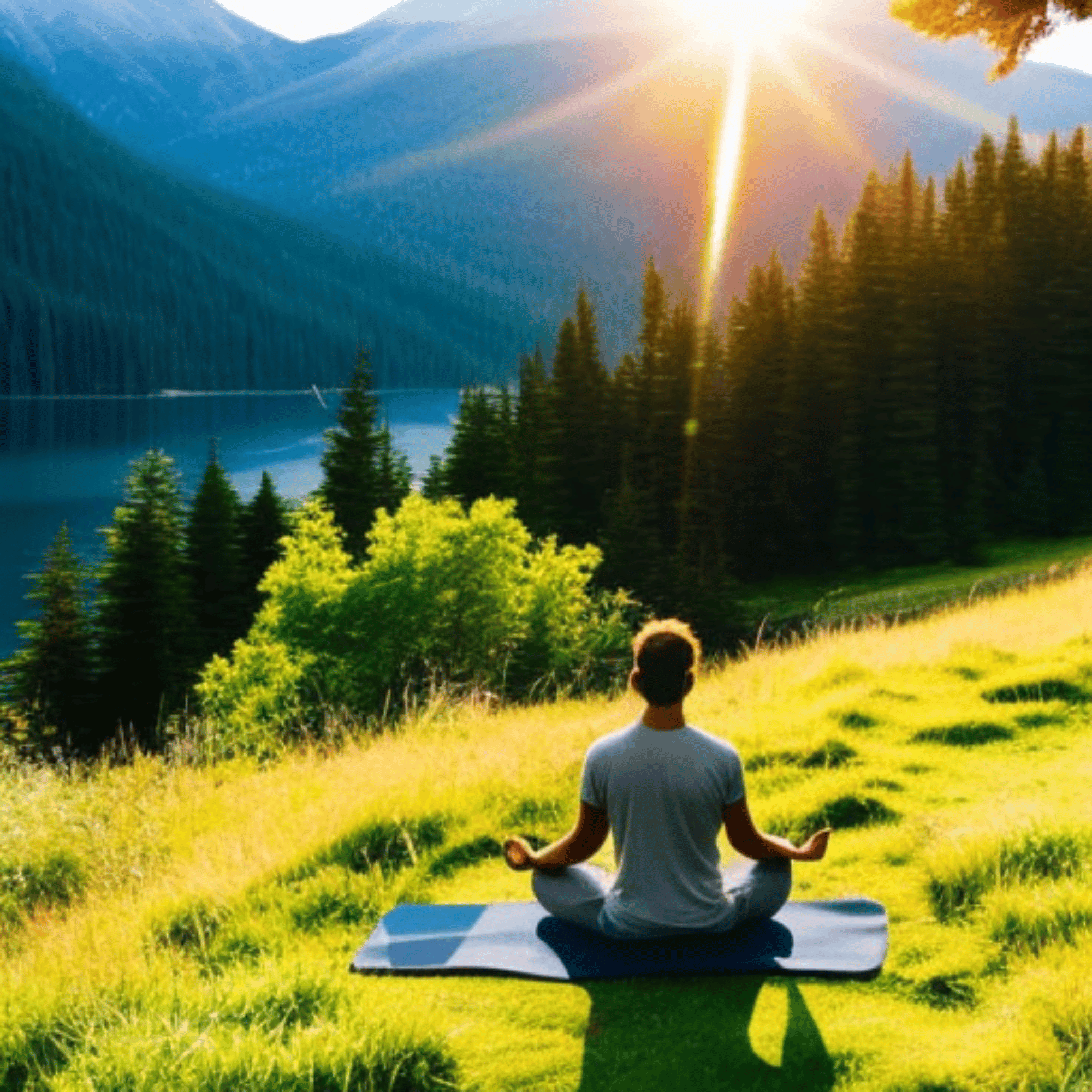 A person meditating in nature, with a laptop on the back