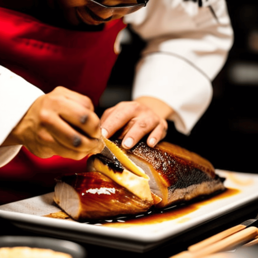 A photo of a chef carving a roasted Peking Duck at a restaurant
