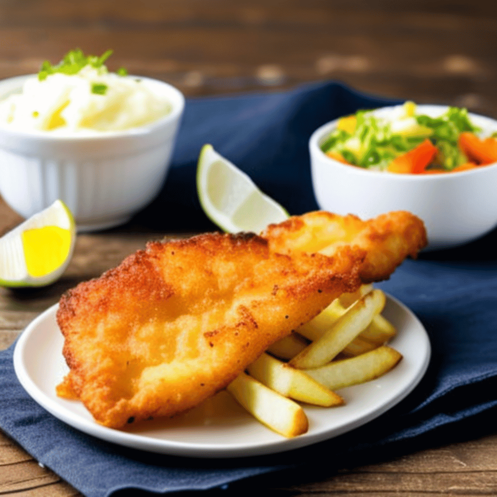Fish and chips served with a side of mashed potatoes and coleslaw